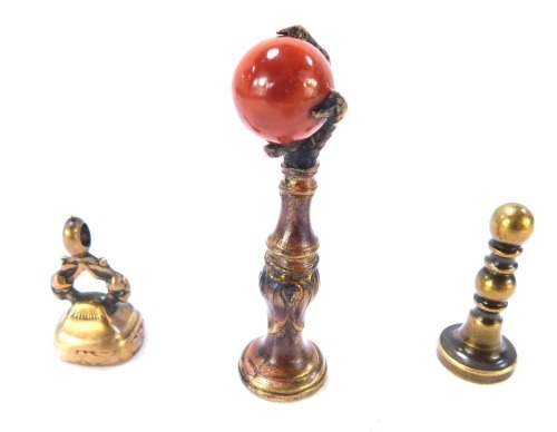 Three 19thC gilt seal fobs, comprising ball and claw, one with Yorkshire Rose crest, and the other set with greyhound motif. (3)