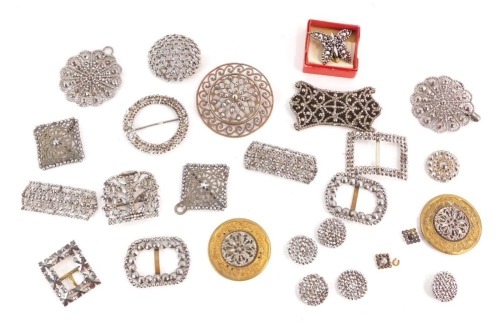 A group of Edwardian and later steel cut jewellery, comprising belt buckles, brooches and buttons. (a quantity)