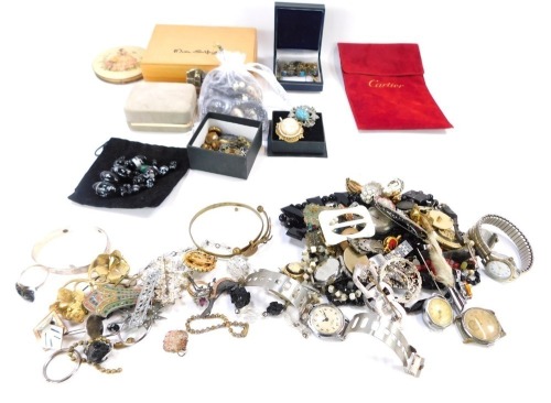 Costume jewellery and effects, an Ancre wristwatch, collar studs, Miss Selfridge jewellery, etc. (1 tray)