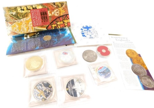 A group of commemorative crowns, for the Battle of Britain and Winston Churchill, further crowns, and a Royal Mint Three Lions 1997 brilliant, uncirculated &pound;1 coin. (a quantity)