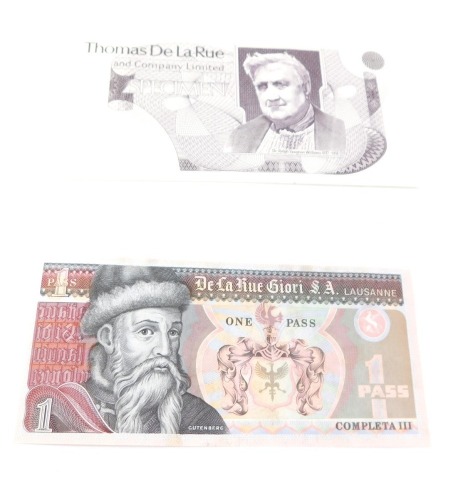 Thomas De La Rue specimen note, with Ralph Vaughan Williams, and a De La Rue Giori S.A. Lausanne one pass note. (2)