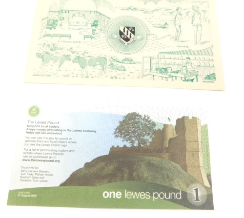 A Herm Island &pound;1 coupon, dated 1958, and a Lewes &pound;1 number 28368. (2)