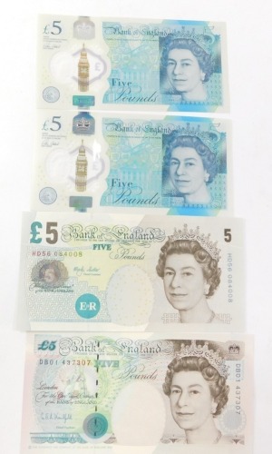 Four Bank of England &pound;5 notes, including two plastic notes 2015, AC53 and AJ48, and Lowther HD56 and Kentfield DB01. (4)