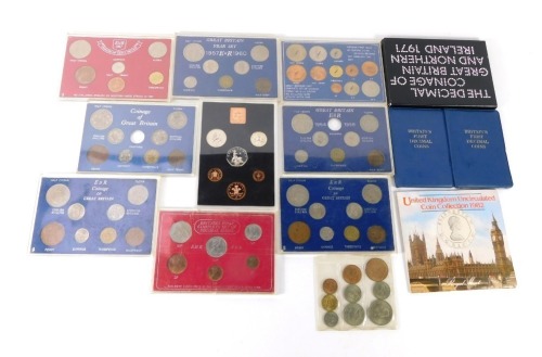 A United Kingdom uncirculated coin collection 1982, the decimal coinage of Great Britain and Northern Ireland 1971, the first decimal coins (x2) and further uncirculated and proof coin sets, pre and post decimalisation. (14)