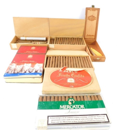 A group of cigars, comprising Balmoral Ten Coronas, Euro Baccy No 1, 2 boxes, a Mercator Junior 50 Pack, empty Benson tins, etc. (a quantity)