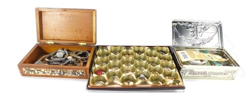 A group of costume jewellery and effects, comprising mother brooch paste stone set brooches, faux pearl necklaces, dress boxes, inlaid writing box, etc. (a quantity)