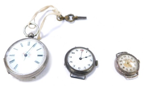 Three silver watches, comprising a Continental silver fob watch, with white enamel dial with Roman numeric borders and painted flower design, together with a silver paste wristwatch head and a Medana silver cased and mother of pearl dialled wristwatch hea