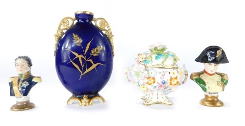 A group of ornaments, comprising a Grainger & Co Worcester vase, on a blue ground, wheat sheaf borders and scroll handles, 17cm high, a Coalport Coalbrookdale floral posy jar and cover, 12cm high, and two Dresden porcelain busts of Napoleon and Marshal So