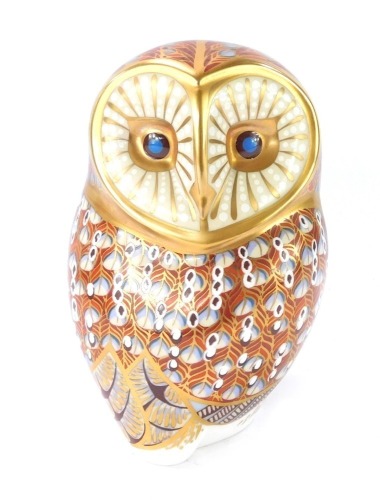 A Royal Crown Derby barn owl paperweight, with gold stopper, 12cm high, boxed.