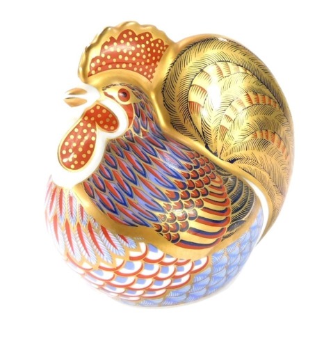 A Royal Crown Derby cockerel paperweight, with gold stopper, 9cm high, boxed.