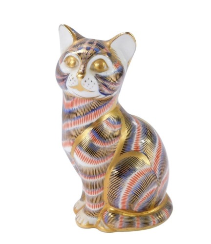 A Royal Crown Derby tabby cat paperweight, with gold stopper, 12cm high, boxed.