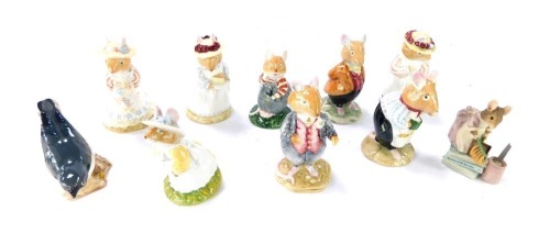 A group of Royal Doulton Brambly Hedge ornaments, comprising Mrs Apple, Primrose Woodmouse, Mr Apple, Lord Woodmouse, Dusty Dogwood, Lady Woodmouse, Poppy Eyebright, Wilfred Toadflax, a World of Beatrix Potter Hunca Munca and a Beswick Nuthatch. (10)
