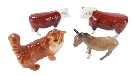 Four Beswick animal figures, comprising a Hereford bull and cow 10cm high, a ginger cat 10cm high, and a donkey 10cm high. (4)