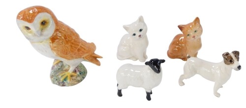 Five Beswick animal figures, comprising barn owl 12cm high, tabby cat 7cm high, dog 6cm high, lamb 6cm high, and a white cat 8cm high. (5)