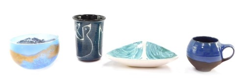 A group of Studio Pottery and glassware, comprising a Denmark beaker on a blue ground with geese, stamped CAR, 11cm high, a Danish blue glass bowl, with gilt linings, marked Kustem, 7cm high, a Ditley ribbed coffee cup, and a triangular bowl decorated wit