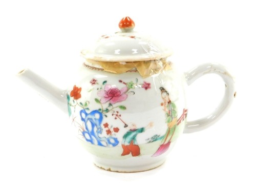 A late 18thC Chinese porcelain bullet shape teapot, polychrome decorated with chinoiserie figures and flowers, 14cm high.