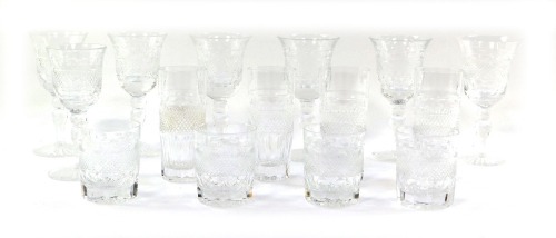 A part suite of cut glass table glassware, comprising seven wine glasses, four tumblers, and four tall glasses. (a quantity)