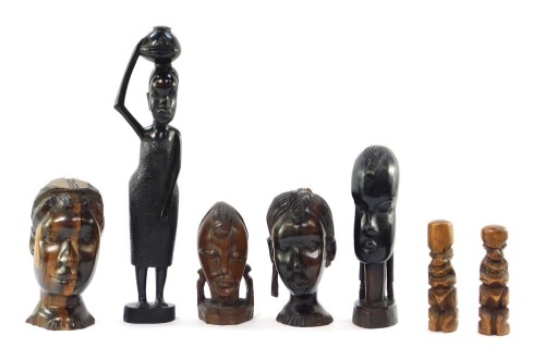 Tribal Art. Various carved figure heads, ebony tall figure, 40cm high, totem marks, etc. (a quantity)