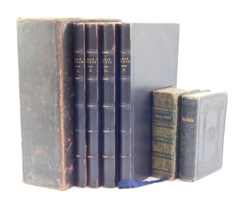 A Victorian Holy Bible, in four parts, leather bound, in fitted case, published by the Oxford University Press 1854, together with a George IV Bible bound in gilt tooled green morocco, and a further Bible. (6)