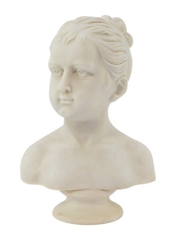 A parian bust of a girl, with hair piece, on a socle base, 43cm high.