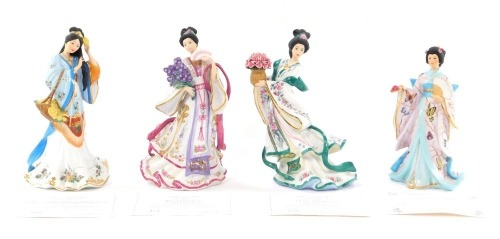 Four Danbury Mint collector's porcelain figures, comprising The Iris Princess, The Chrysanthemum Princess, the Rose Princess, and The Butterfly Princess, each with certificate of authenticity, boxed, 27cm high.