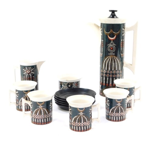 A Portmeirion Magic City pattern coffee service, comprising coffee pot, milk jug, sugar bowl, and five cups and saucers.