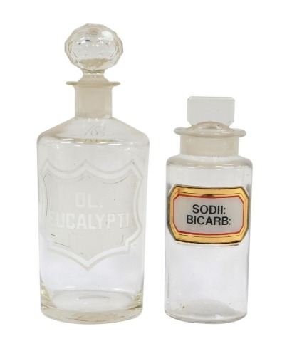 Two 19thC glass chemist bottles, sodii-bicarb, ol.eucalypti, 16cm and 22cm high. (2)