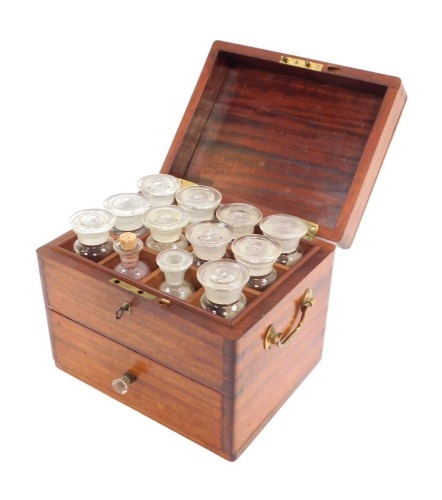 A 19thC mahogany chemist travelling apothecary case, the lift lid enclosing fittings for twelve bottles, some labelled, and pull out drawer base, with converted handle, 19cm high, 23cm wide, 18cm deep.