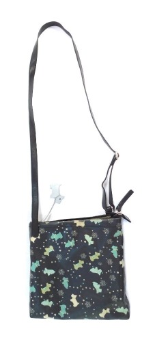 A Radley shoulder bag, black with blue and green Scotty dogs, 23cm high.