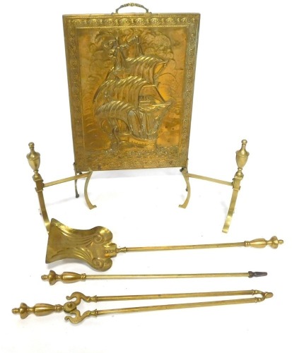 A set of 19thC brass fire irons, together with a brass fire screen cast with a galleon. (a quantity)