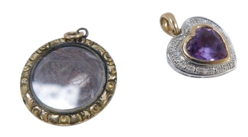 Two pendants, comprising a 9ct gold amethyst and diamond set love heart shaped pendant, 1.5cm high, 3.7g, together with a Victorian memorial locket pendant, in Pinchbeck frame. (2)