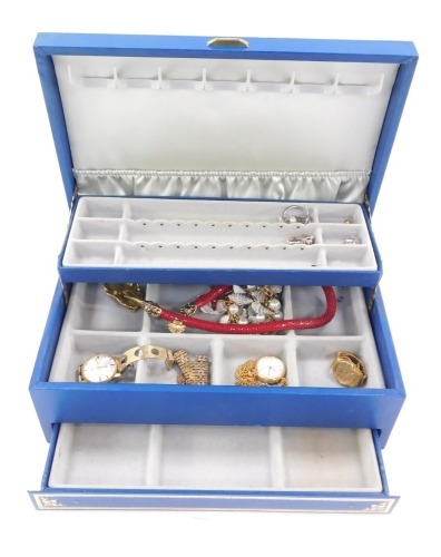 A blue leatherette jewellery box and contents, comprising Limit wristwatch Tissot wristwatch, pocket watch, snake necklace, shell bracelet, etc. (a quantity)