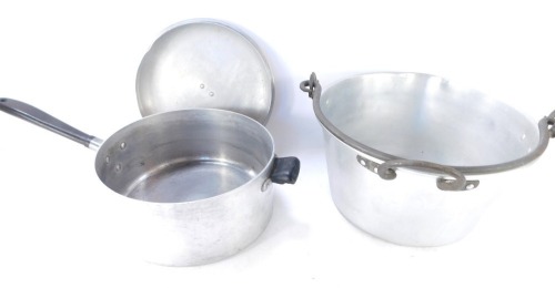 An aluminium jam pan, and a saucepan with lid. (2)