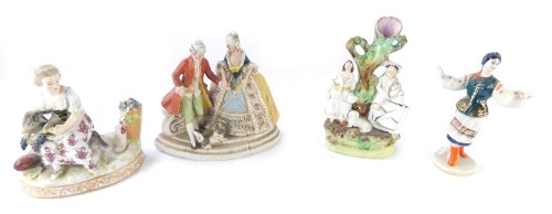 Four ceramic figures, comprising a German fete gallant group, Helena Wolfsohn type figure group (AF), a Staffordshire style flat back figure and a Russian dancer figure, with rubbed markings, the largest 15cm high. (3)