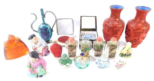 Oriental wares, comprising a pair of red lacquer vases, two seated Geisha figures, four cut glass scent bottles, various other scent bottles, enamelled silver plated flask, etc. (1 tray)