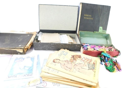 Fashion prints, French fashion magazine cut outs from 1953, and a cased set of J & P Coates crochet threads. (a quantity)