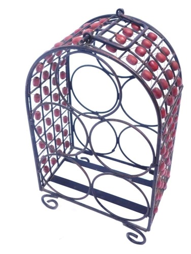 A vintage five bottle wine rack, of arched form, with carrying handle, with a wirework and beaded frame, 37cm high.