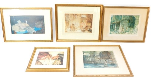 After Sir William Russell Flint. Five various prints, of ladies, figures and buildings, in reclining pose, all in gilt frames. (5)