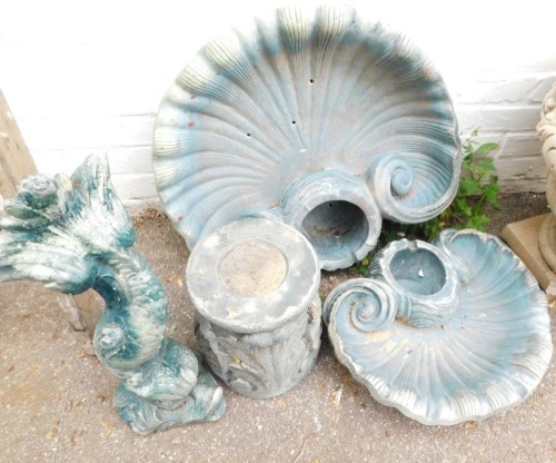 A reconstituted and painted green lily pad two tier planter, with fish top and two scallop bowls.