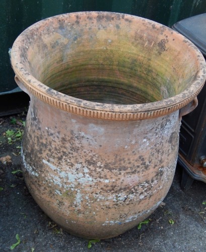 A terracotta planter, with ribbed border and flare vase, 57cm high.