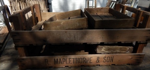A group of wooden vegetable crates, I Maplethorpe & Son, and others. (a quantity)