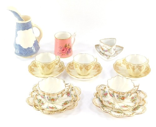 19thC and later ceramics, to include a Minoprio of Derby mug with a bird whistle handle, late 19thC porcelain trios of fluted form decorated with flowers, gilt heightened, three Royal Crown Derby porcelain cups and saucers, and a German early 20thC porcel