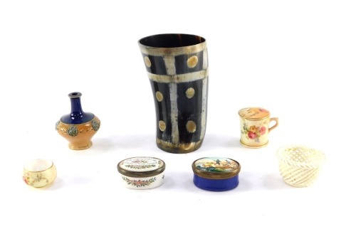 A pattern horn beaker, 12cm high, two Halcyon Days owl boxes, Royal Doulton stoneware miniature vase, Crown Staffordshire white glazed porcelain basket, Royal Worcester blush porcelain miniature mug painted with flowers, c1907, and a rouge pot and cover, 