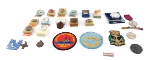 Swimming badges, medallions, Royal Naval Association badge, King Edward VII and Queen Alexandra Coronation medal 1902, Queen Victoria Crown 1889, and other coins, etc. (a quantity)