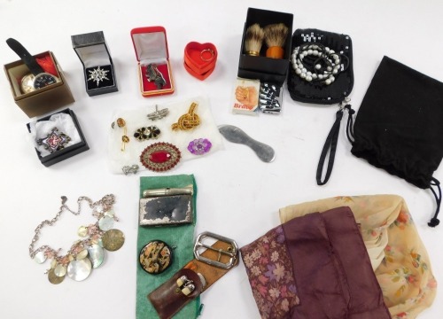 Costume jewellery, Links Of London evening purse, Georg Jensen stainless steel fruit peeler, brooches, dress necklaces, clip on earrings, etc. (1 tray)