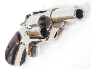 A 19thC Centennial 1876 model nickel plated 5 shot .41 calibre rimfire revolver, the 1 &frac12;" barrel stamped CENTENNIAL 1876 HOOD F.A. Co PAT APR.6.1875, marked on the lower frame CAL.41, Ser No 1664, mahogany handle, 15.5cm overall length. This is an obsolet - 2