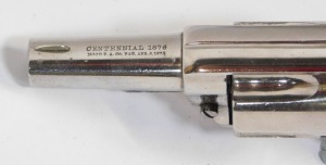 A 19thC Centennial 1876 model nickel plated 5 shot .41 calibre rimfire revolver, the 1 &frac12;" barrel stamped CENTENNIAL 1876 HOOD F.A. Co PAT APR.6.1875, marked on the lower frame CAL.41, Ser No 1664, mahogany handle, 15.5cm overall length. This is an obsolet - 3
