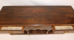 An oak dresser in 18thC style, with arrangement of three drawers with fret gallery base, on bun feet, 74cm high, 158cm wide, 52cm deep. - 4