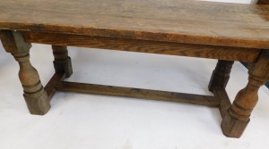 An oak refectory table, with planked top on H frame base, 76cm high, 231cm wide, 74cm deep. - 3