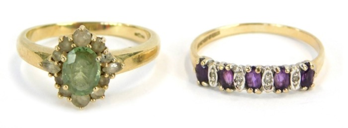 Two 9ct gold dress rings, comprising a peridot and CZ set cluster ring, ring size O&frac12; and an amethyst and CZ set half hoop dress ring, ring size O, 4.6g all in.